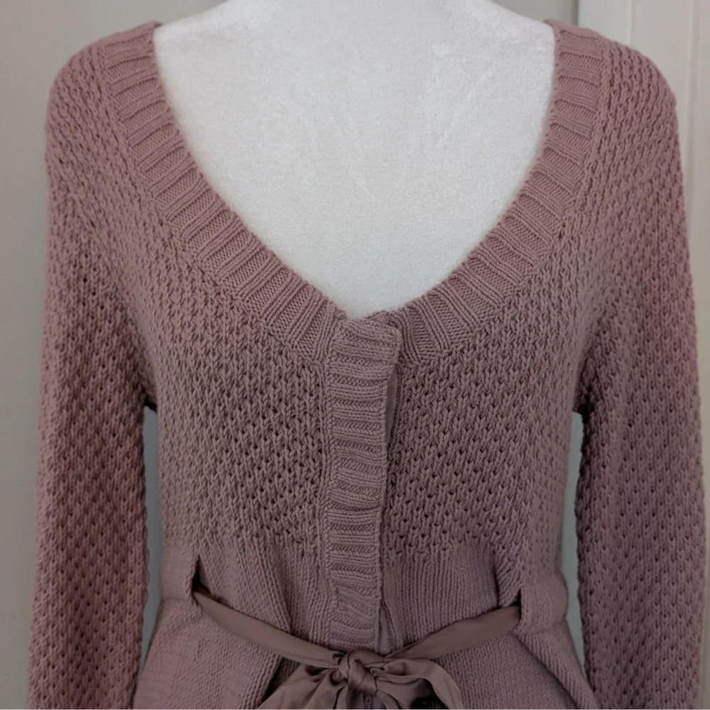 Elle Women's Chunky Cardigan Sweater SMALL Fitted‎ Layer Satin Bow Easter Mauve